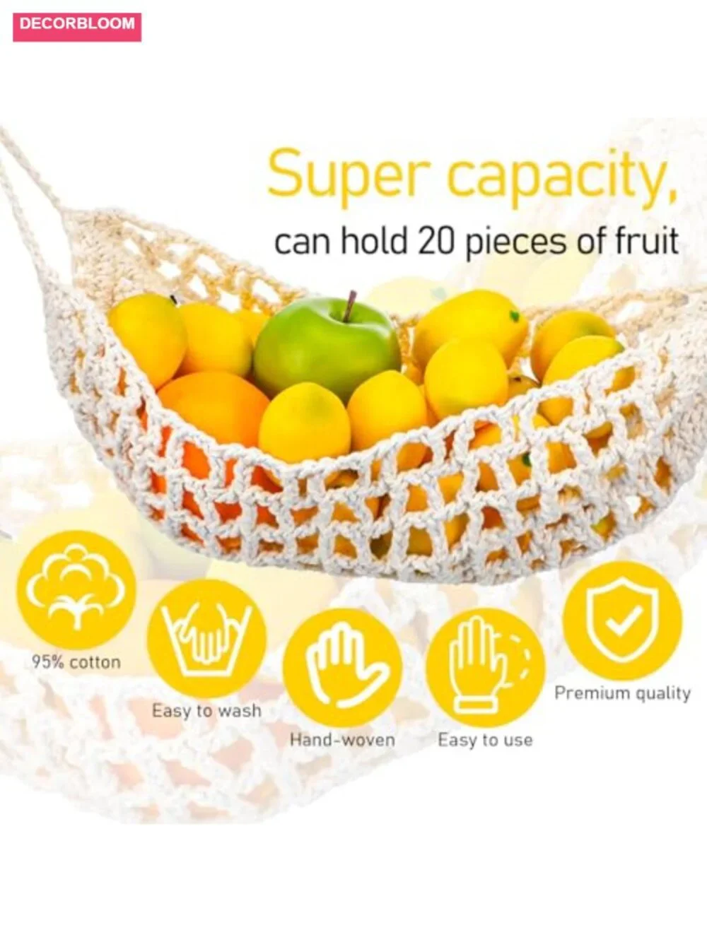 Hand-Woven Pure Cotton Hanging Fruit Basket Under Cabinet with Hooks, Boho